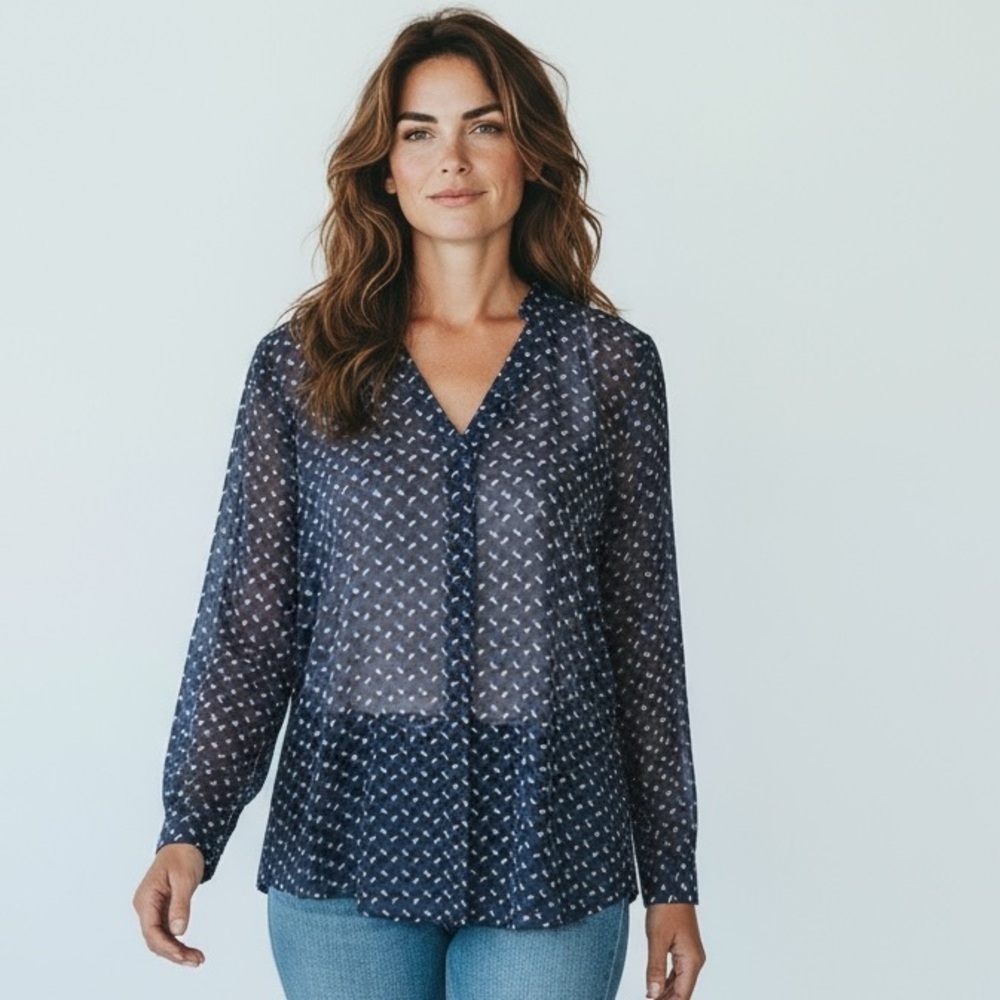 ANN TAYLOR NWOT small ladies, sheer long sleeve navy print blouse perfect COND